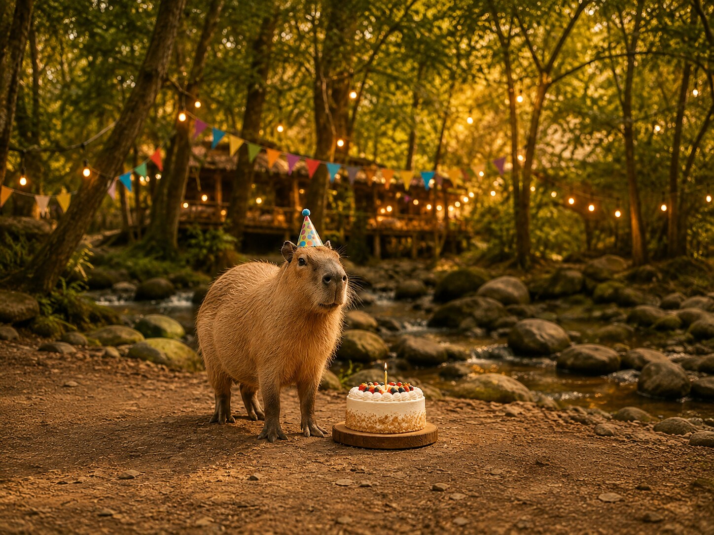 Capibara real con gorrito y torta de cumpleaños