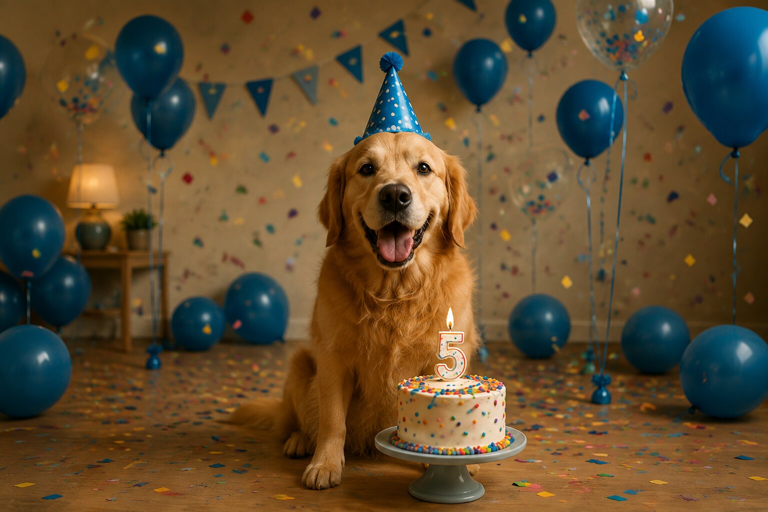 Perro con gorrito y torta de cumpleaños