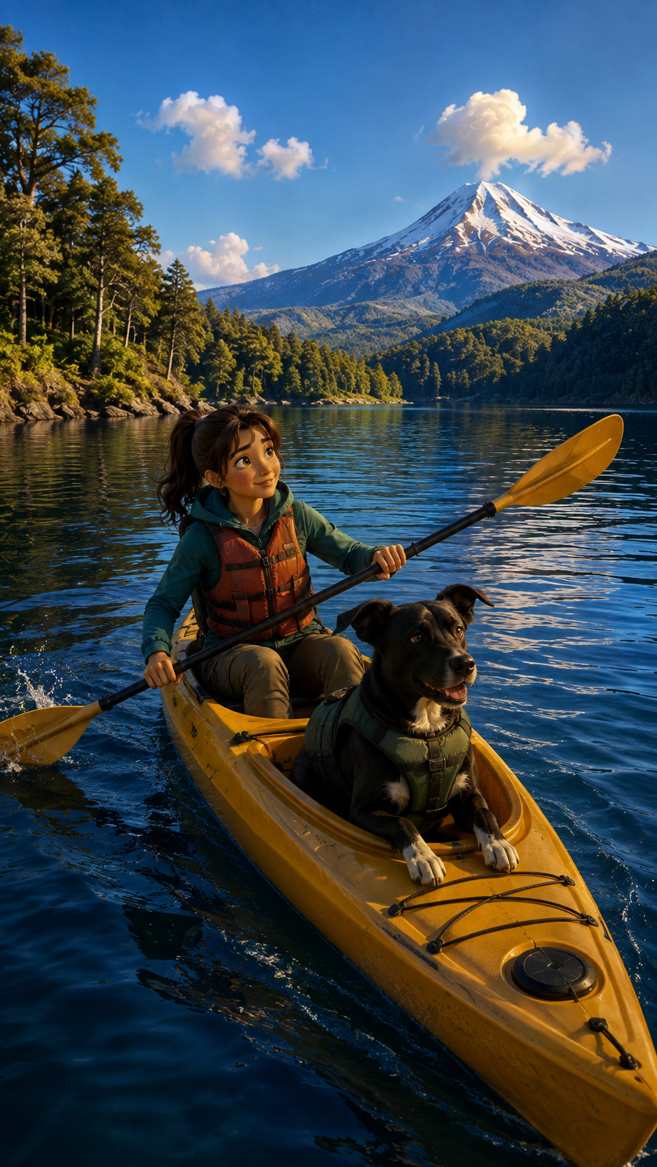 Mujer navegando en kayak junto a Luna, su perrita