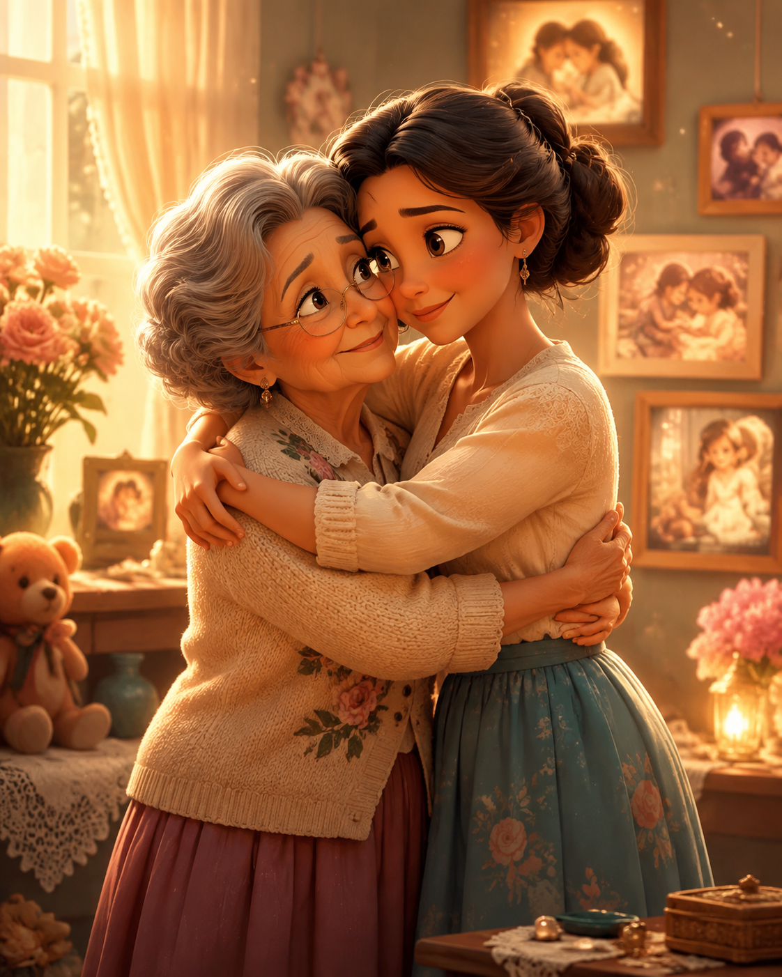 Mujer abrazando cariñosamente a su abuela en una escena animada