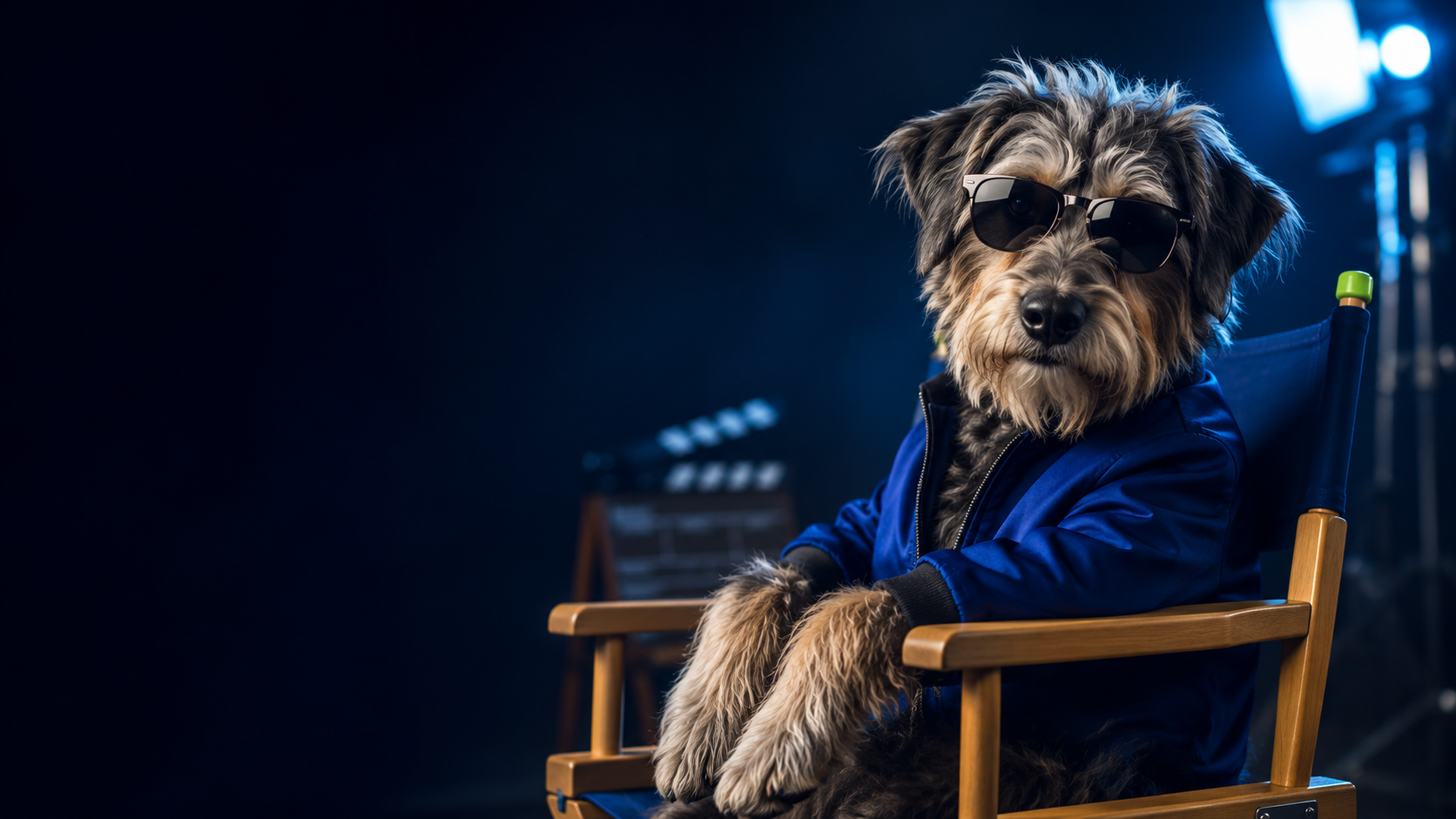 Perro con lentes sentado en una silla de director dentro de un estudio de filmación