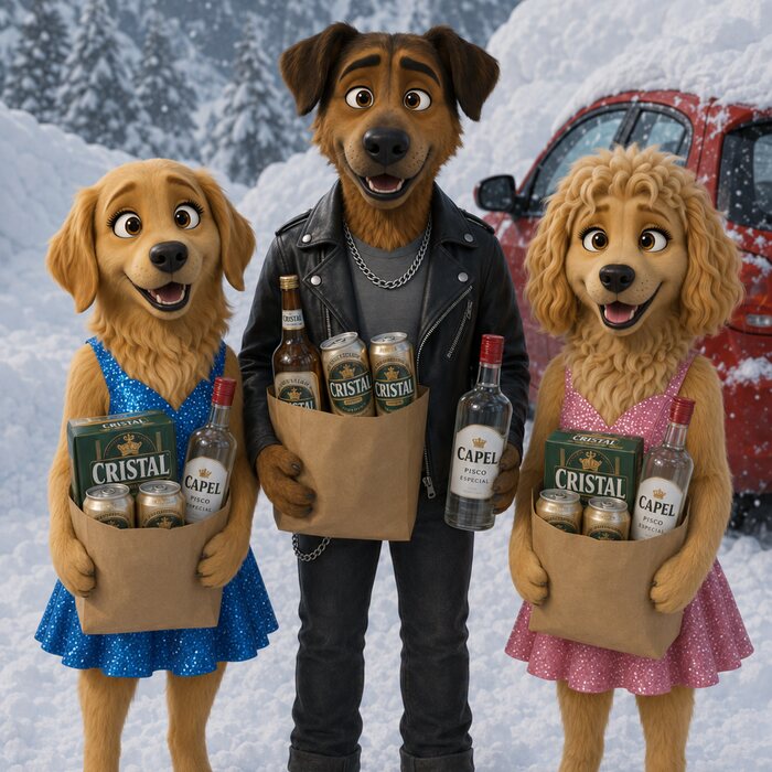 Personajes animados en una aventura en la nieve