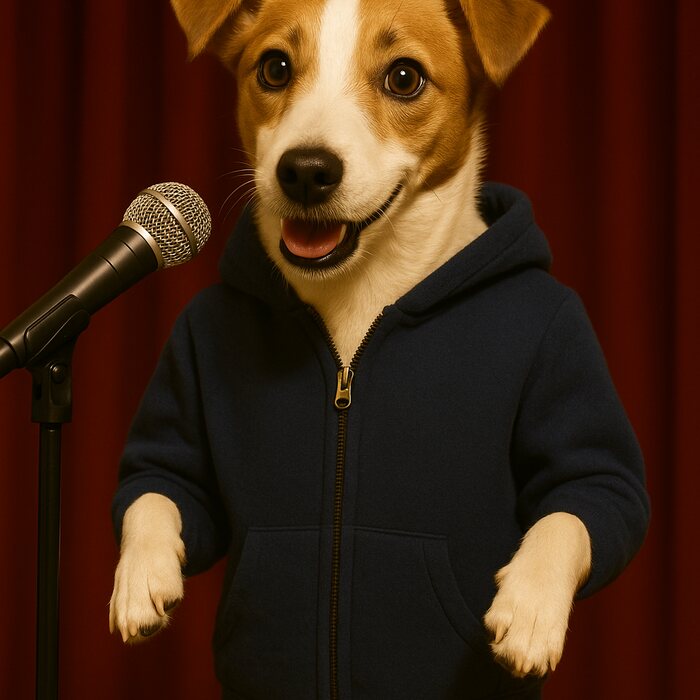 Perro haciendo una rutina de humor frente a un micrófono