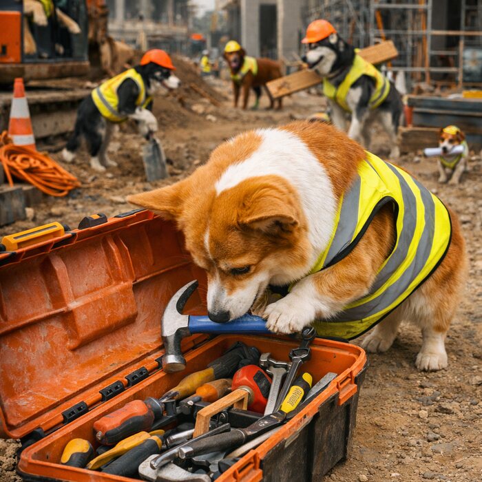 Perros trabajando en una obra de construcción