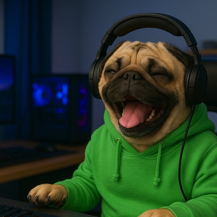 Perro gamer con audífonos frente a un computador